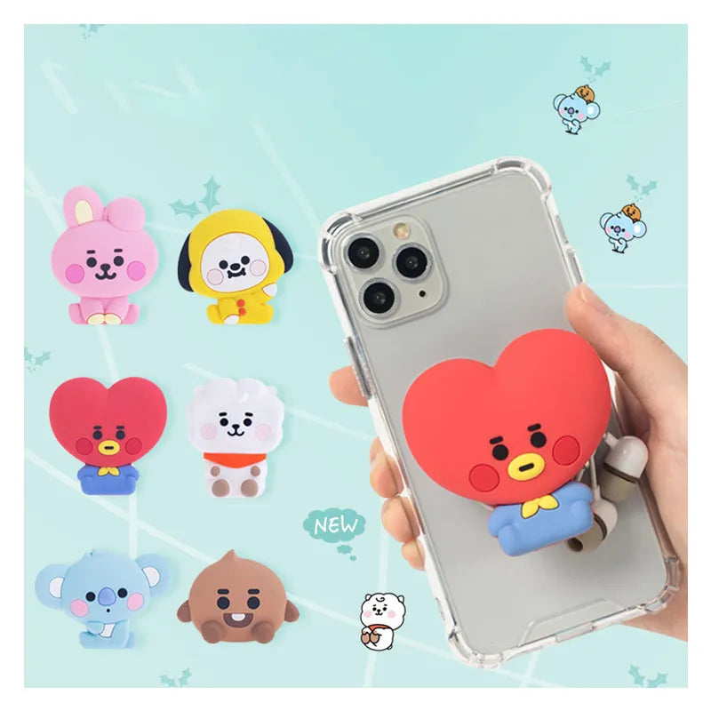 Kawaii Handheld Mobile Phone Stand Bt21 Cartoon Anime Character Image Desktop Telescopic Stand Headphone Winder Kids Fan Gifts Cell Accessories