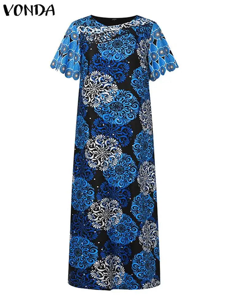 Plus Size 5XL VONDA Bohemian Printed Maxi Dress Women Summer Fashion Short Sleeve Long Sundress Elegant Loose Robe Women Casual - Women Dress For Work