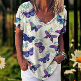 Women's T-Shirt Summer V-Neck Shirt Loose Fashion Trend T-Shirts Beautiful Butterfly Printed Clothes Tees Streetwear Women Casual - Women Tops - Women Prom