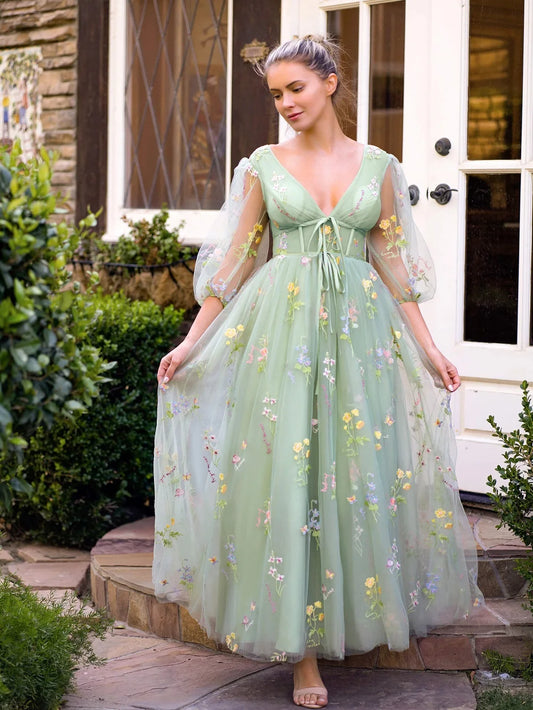 Sweetheart Embroidery Dress Woman A-Line Tea-Length Green Tulle Puff Sleeves Floral Corset Midi Formal Evening Party Gowns Women Prom - Women Plus Size Clothing