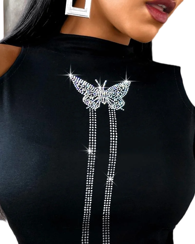 New Womens Long Sleeve Femme Cold Shoulder Butterfly Slim Pattern Studded T-shirt Plus Size Pullover Women Casual - Women Tops