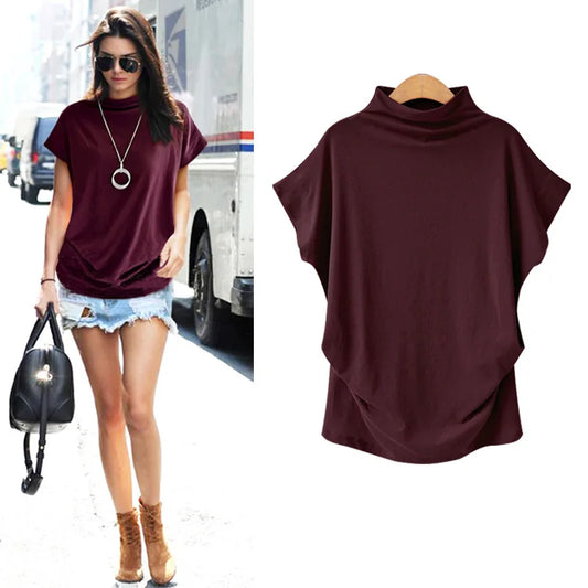 Women's Tops Korean Style Fashion Womens Cotton Blouse Short Sleeve O-Neck Blouse Female Turtleneck Women Tops & Tees