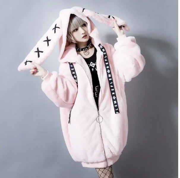 Lolita Cute Hooded Plush Autumn Winter New Sweet Cool Women's Rabbit Ears Thick Plush Cotton-Padded Coat Girl jacket