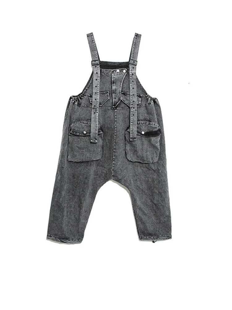 [EAM] High Waist Black Pocket c Denim Overalls Trousers New Loose Fit Pants Fashion Tide Spring Autum 1K164  Women Jeans - Girls Jeans