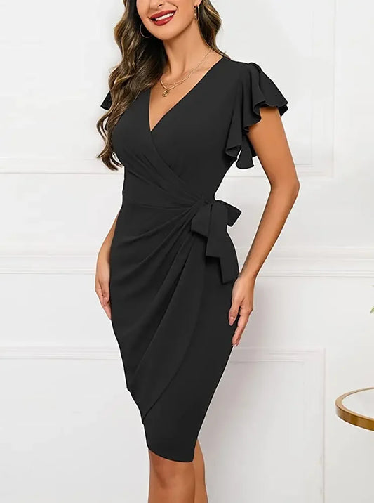 Bodycon Sexy Summer Dress Cocktail Faux Wrap Deep V Neck Ruffle Sleeve Ruched Party Work Formal Wedding Dresses for Women Dress For Work