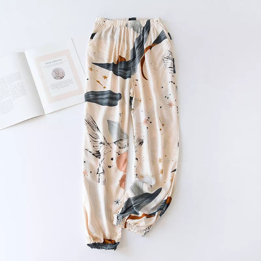 Summer Viscose Rayon Printing Pajama Bottoms Elastic Waist Ankle-Length Pants Sleep Wear Wear Closing Pants women lounge