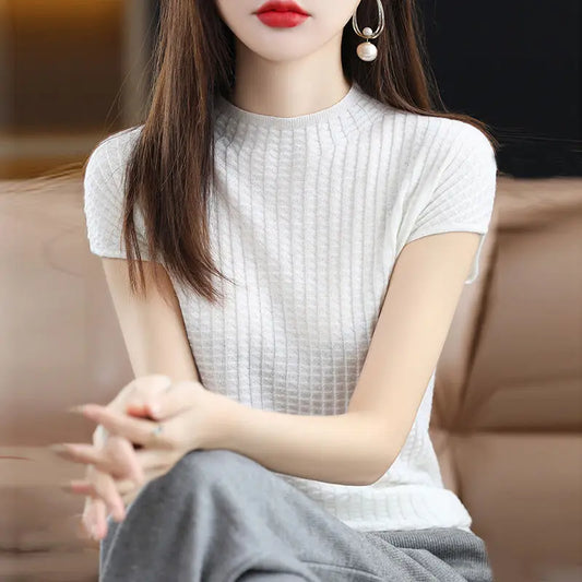 Vintage Half High Collar Sleeve Knitted T-shirt Spring Summer Versatile Pullover Bottoming Korean Fashion Women Short - Women Casual - Women Tops