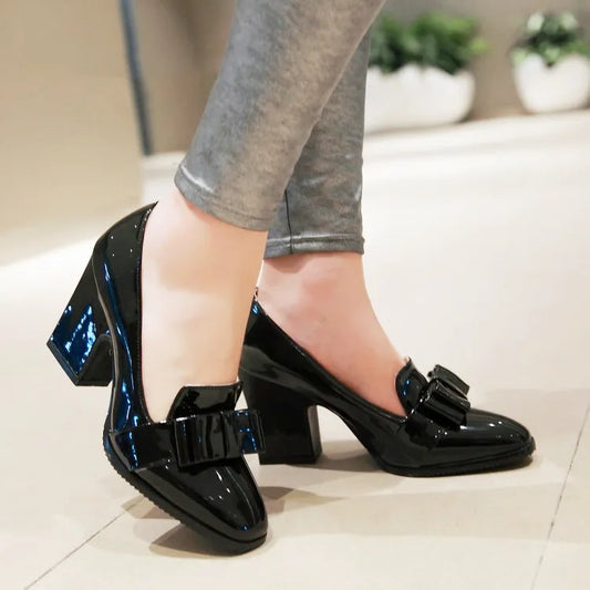 Thick High-Heeled Sweet Bow Shallow Square Toe High Heels Small Big Size 33-43 Fashion Patent Leather Women Shoes