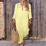 Spring Women's Long Dress Cotton Linen V-neck Loose Fashion Dresses Female Trendy Elegant Beach Ladies Clothes Women Casual - Women Lounge