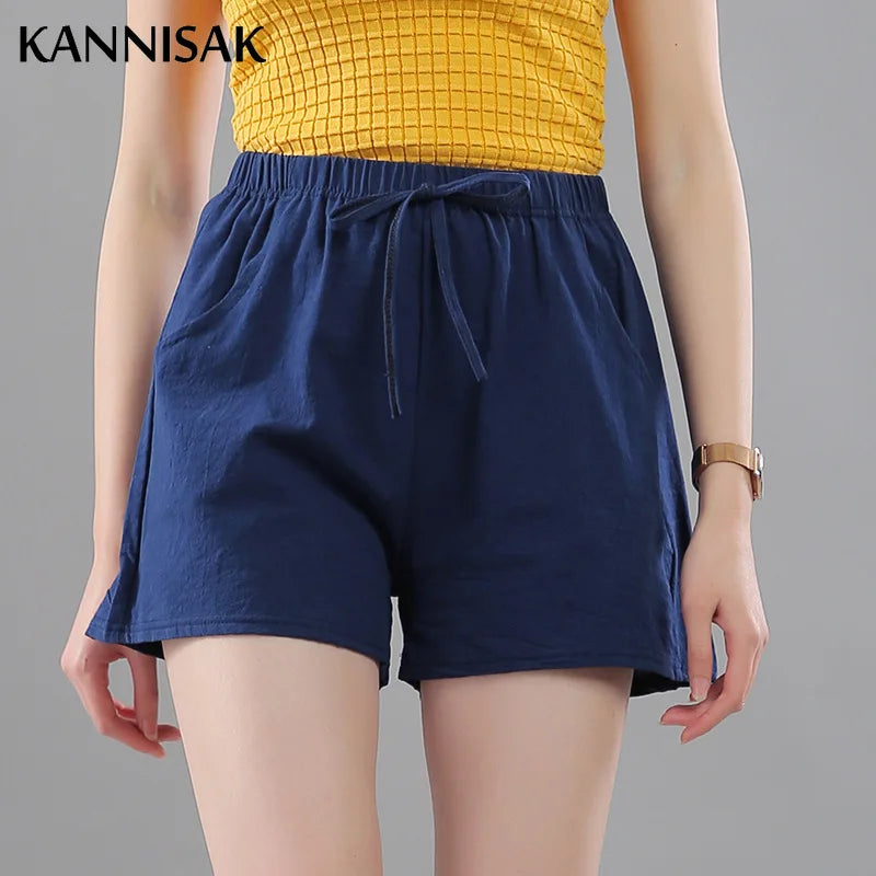 Summer Korean Wide Leg Casual Solid Drawstring Elastic Waist Shorts Girls Cotton Women's Mini Biker women short