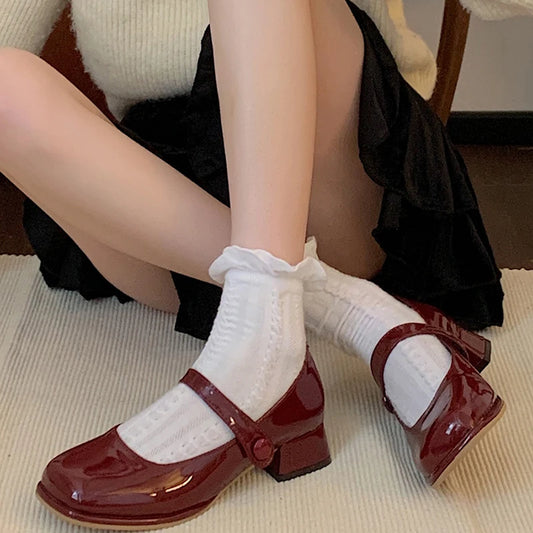 New Mary Jane Fashion Square Toe Shallow Elegant Dress Single Leather Square Heel Sandal Girls Shoes