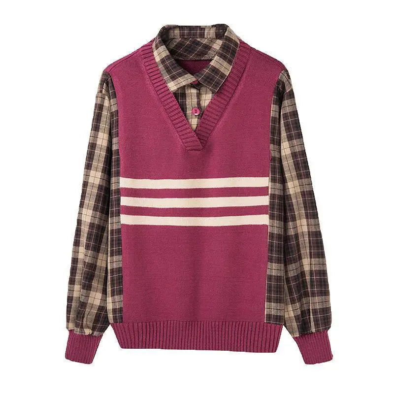 England Plaid Blouse Autumn Winter Fake Two Pieces Knitted Patchwork Women's Clothing Loose Commute Polo-Neck Long Sleeve Shirt women casual