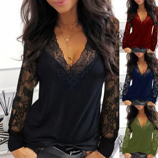 Ladies Sexy Fashion Lace Stitching Hollow Shirt Spring/Summer White Black V-Neck T-Shirt Women Lingerie - Women Prom