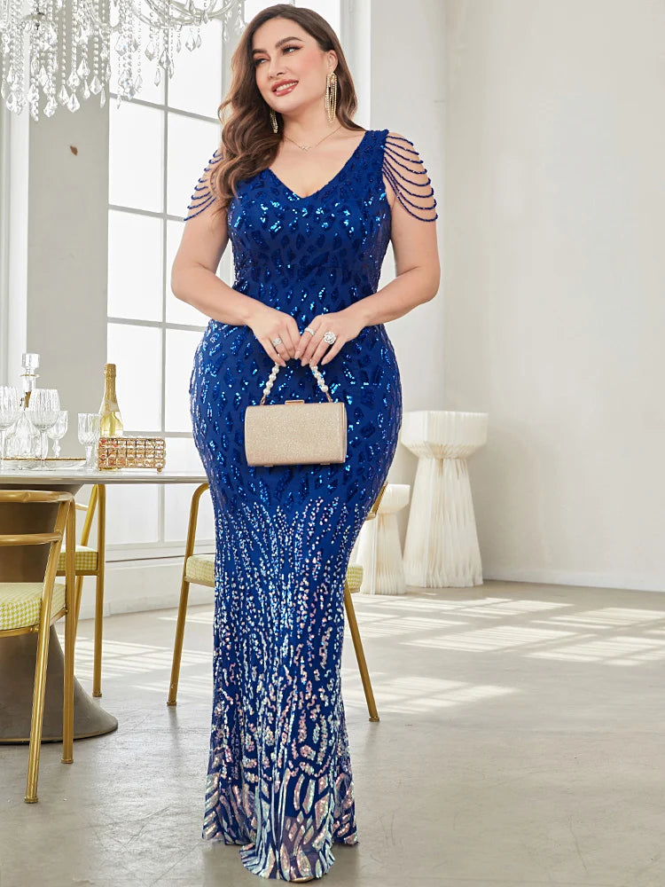 XUIBOL Plus Size Elegant Sequins Evening Dress Women Formal Maxi Prom Blue Party Dress Luxury Beading Cocktail Women Plus Size Clothing