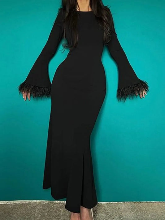 Fashion Feather Sleeve Dress Woman Sexy Long Bodycon Dress Autumn Elegant Slim Wrap Dress Lady Black O-Neck Evening Party Dress Women Prom