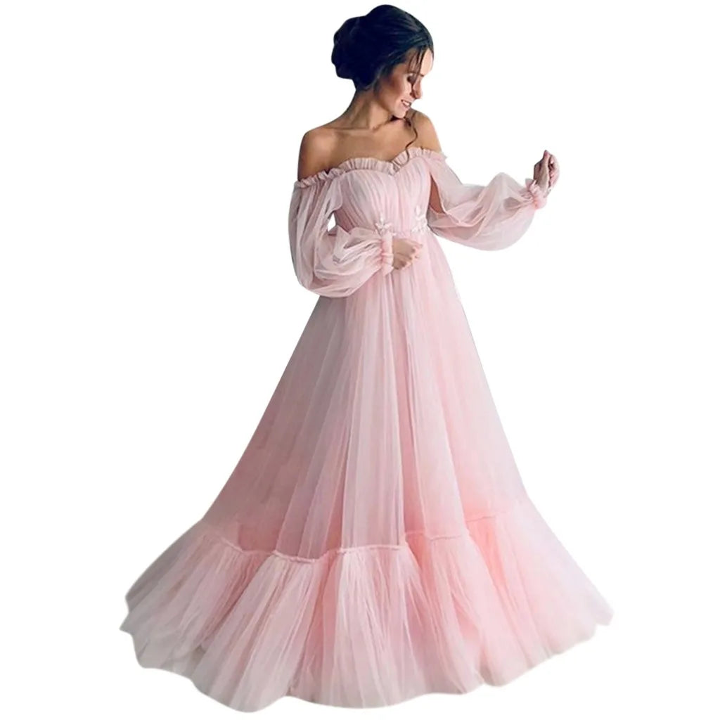 Retro Princess Dress Woman Solid Color Long Sleeve Slash-Neck Fashion Tulle Long Full Dress Female Gauze Lantern Dress Robe Women Prom - Women Contemporary