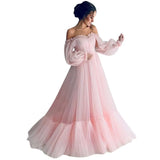 Retro Princess Dress Woman Solid Color Long Sleeve Slash-Neck Fashion Tulle Long Full Dress Female Gauze Lantern Dress Robe Women Prom - Women Contemporary