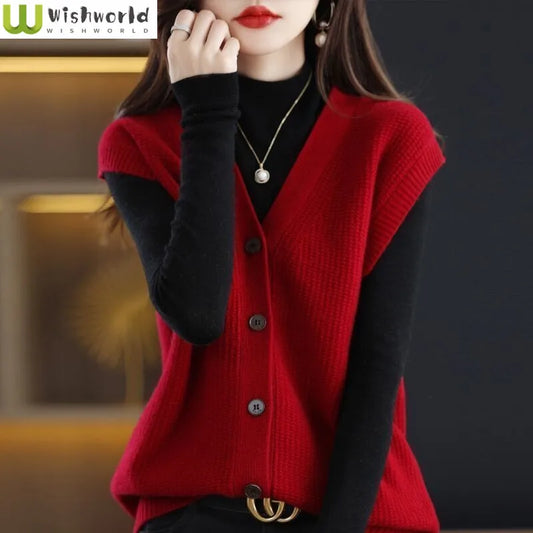 Autumn and Winter New V-neck Knitted Cardigan Tank Top Women's Korean Version Loose Versatile Casual Sleeveless Sweater Women Tops