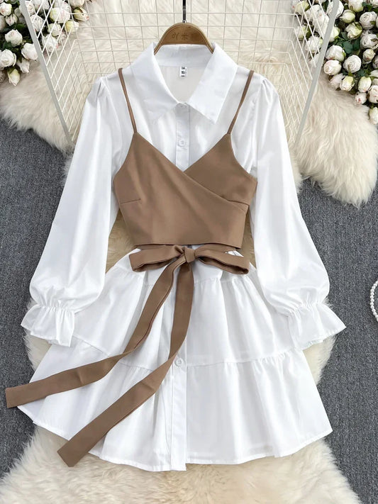 Spring Autumn New Fashion Suit Female Korean Loose White Shirt Dress Slim Vest Dress Two-piece Set Women Casual - Women Prom