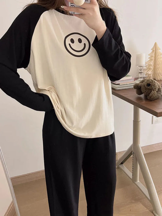 Spring Atutmn Pajamas Set Female Solid Long-sleeved Pant Home Clothing Simple Loose Casual Smile Facce Print Sleepwear XXL women cloth