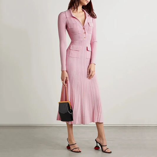 Women's pink knitted medium-length dress senior sense of fashion temperament polo collar waist-skimming long dress new Women Dress For Work