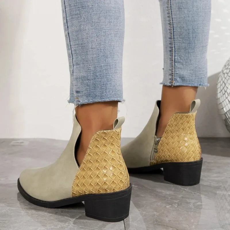 Suede Zipper Ankle Boots for Autumn Pointed Woven Patchwork Female Boot Concise Square Heel Chelsea Girls Shoes