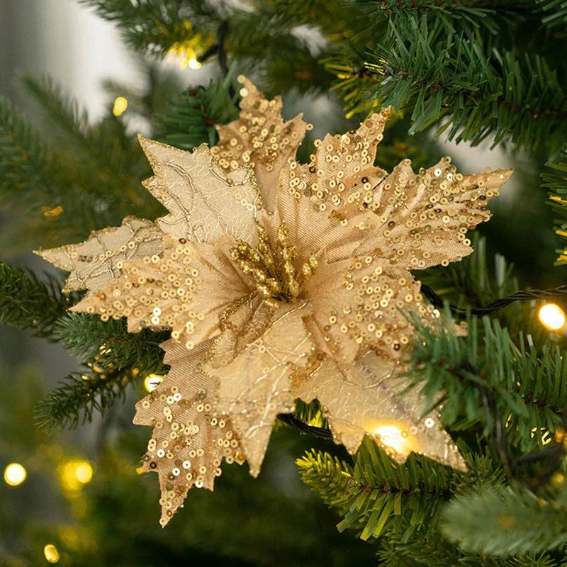 Glitter Artificial Christmas Flowers Xmas Tree Ornaments Merry Christmas Tree Decorations New Year Wedding Party Home Decoration