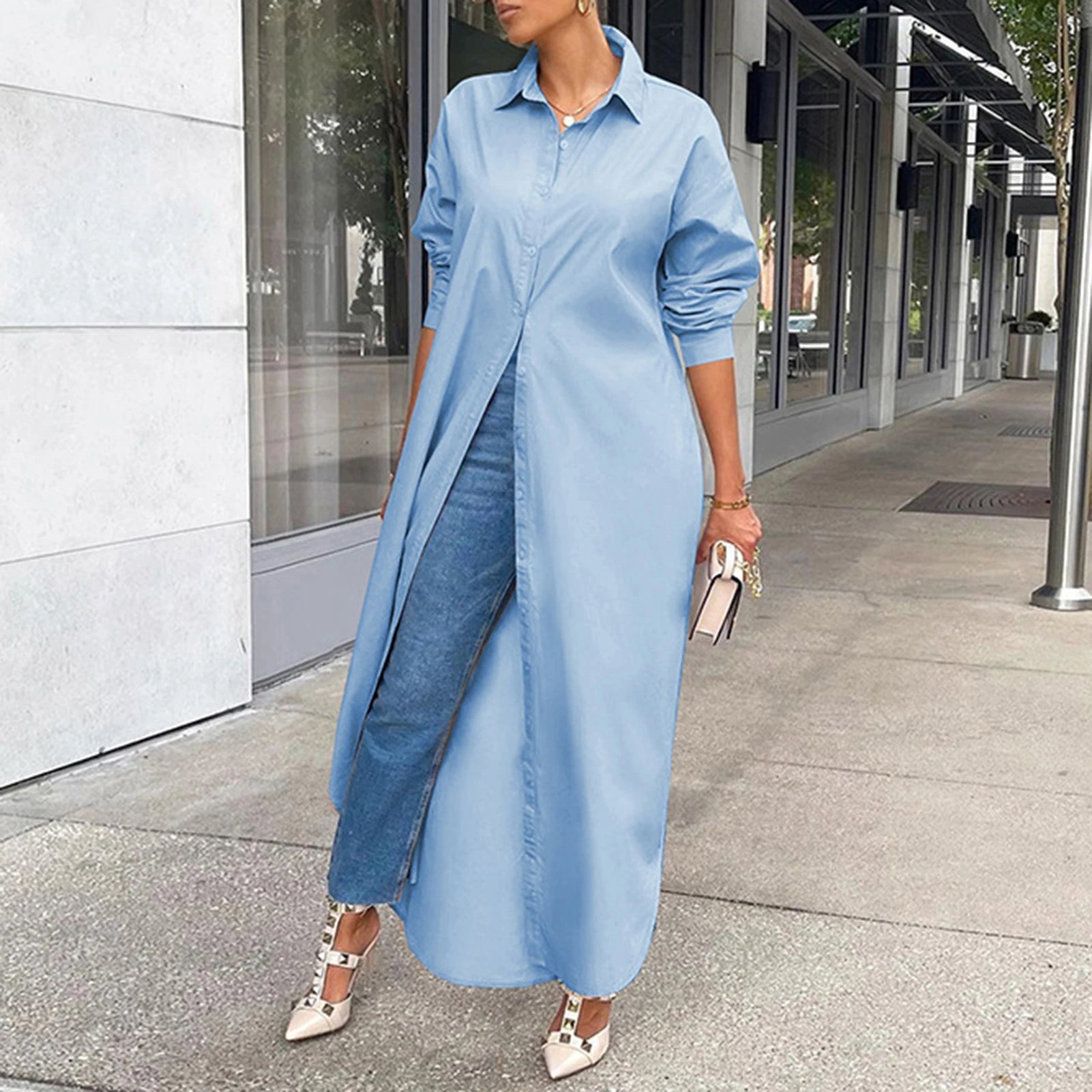 Woman Shirt Windproof Shirt Dress Versatile Arc Hem  Stylish Autumn Winter Solid Color Shirt Long Dress Women Casual