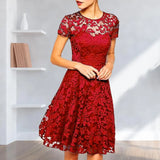 Women Summer Dress See-through Hollow Out Lace Party Mini Dress Round Neck A-line Plus Size Dress Women Prom - Women Casual