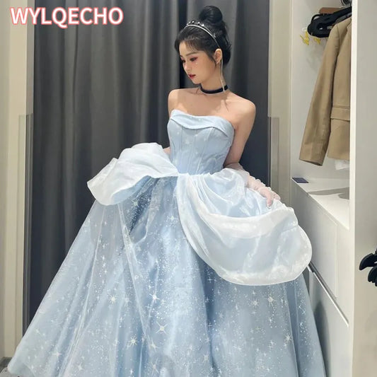 Blue Dress Engagement Jacquard Dress France Vintage Sweet Korean Princess Fairy Dress Evening Party Dress Women Prom