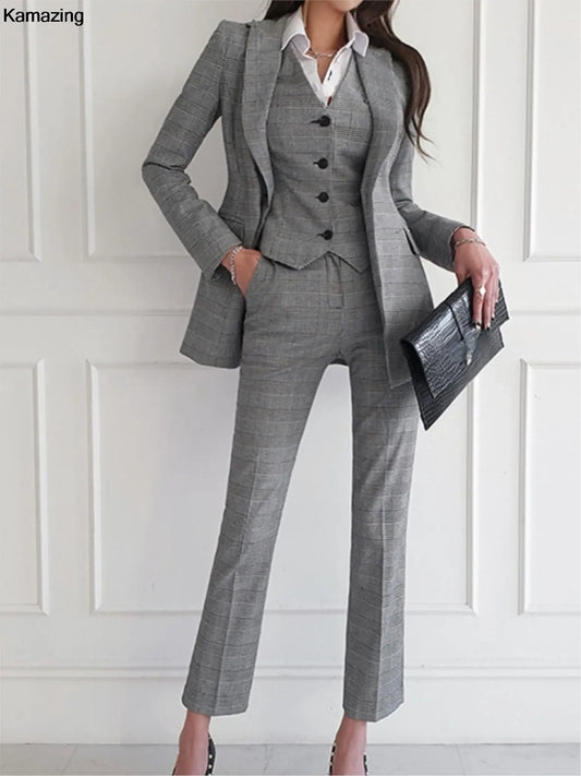 New Fashion Office Lady 3 Piece Blazer Suit Women Business Formal Outfits Vintage Notched Lapel Jackets Button Vest Pants Set Women Suiting & Blazers