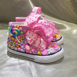 Random Lollipop Rainbow Candy Canvas Simulation DIY Kids Pearls Sneakers For Birthday Party Dollbling Handmade Bling Girls Shoes