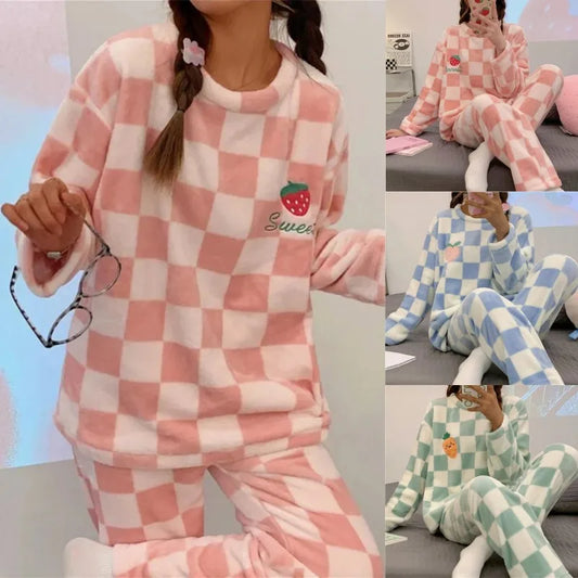 Autumn Winter Kawaii Cartoon Pajama Sets Woman Pyjamas Plaid Flannel Sleepwear Girl Pijama Night Suits Homewear Pj Suit Women Lounge