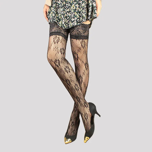 Thigh High Stockings Jacquard Tights Fishnet Stocking Sexy Lace Top Suspender Sheer Intimates Bodysuit Pantyhose Women Lingerie