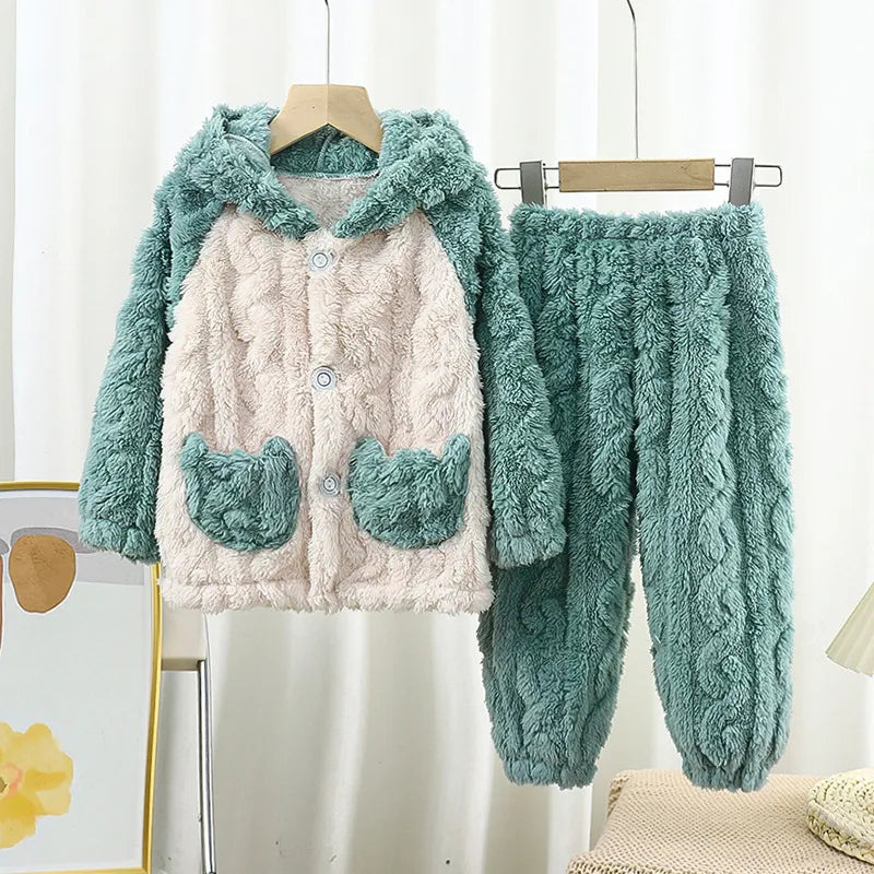 Kids Winter Flannel Pajamas Sets Baby Boys Girls Clothes Thick Warm Hooded Solid Pyjamas Can Be Worn Outside Pijama Girls Sleepwear