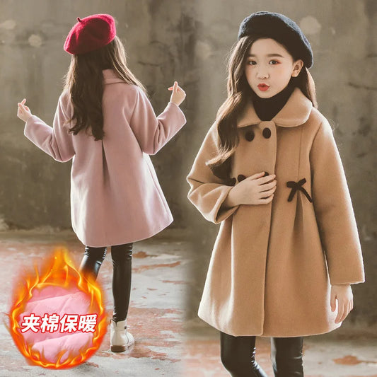 New Warm Outerwear Fashion Winter Woolen Kids Windproof Clothing Woolen Solid Colour Teens Long Coats girl jacket