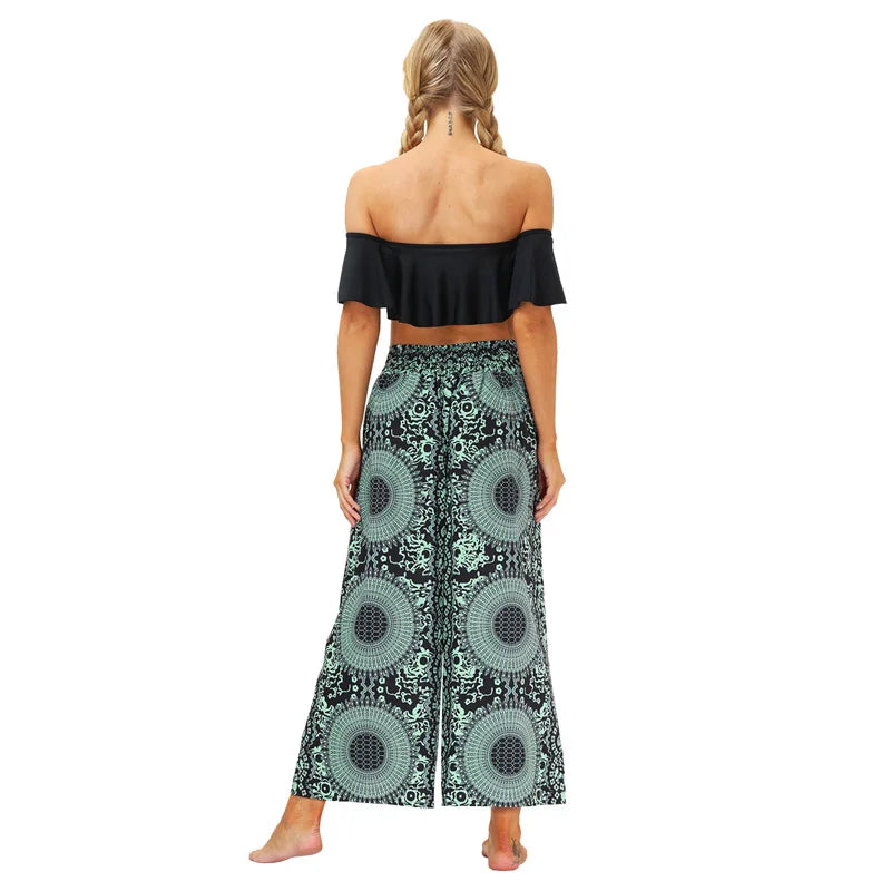 Woman Casual Slit Wide Leg Pants Boho Yoga Pants Hippie Bohemian Pilate Summer Beach Elastic Closure High Waist Baggy Women Trousers