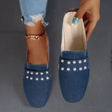 New Summer Fashion Denim Low Heels Elegant Pearl Women Shoes