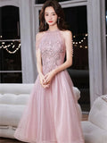 Pink Dress Women's Summer New Hanging Neck Solid Color Lace Beaded Mid-length A-line Skirt Elegant Female Clothing Women Work Dress