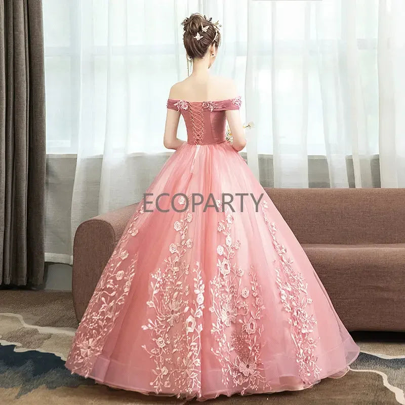 Vestidos Para Fiestas Elegant Pink Lace Embroidery Off-Shoulder Party Prom Ball Gown Evening Quinceanera Dresses for Women prom