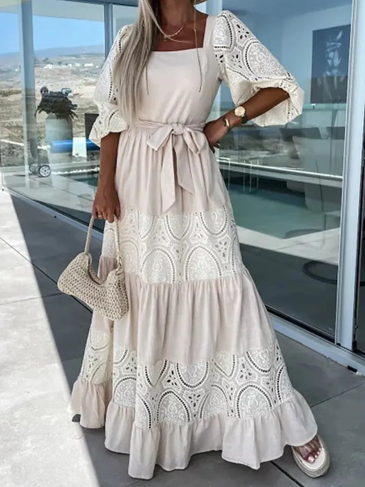 Summer Maxi Dress Woman Lace Patchwork Loose Beach Dress Female Elegant Retro Square Neck Tie-Up Ruched Long Dress Women Casual - Women Prom