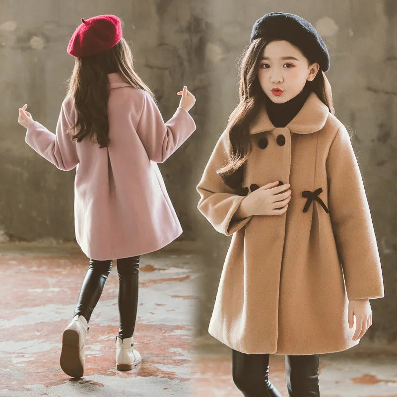 New Warm Outerwear Fashion Winter Woolen Kids Windproof Clothing Woolen Solid Colour Teens Long Coats girl jacket