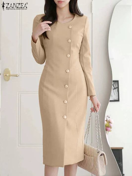 ZANZEA Women Fashion Blazer Sundress Elegant Long Sleeve Office Work Dress Autumn Slim Fit Body corn Midi Vestido Robe Femme Women Dress For Work - Women Prom