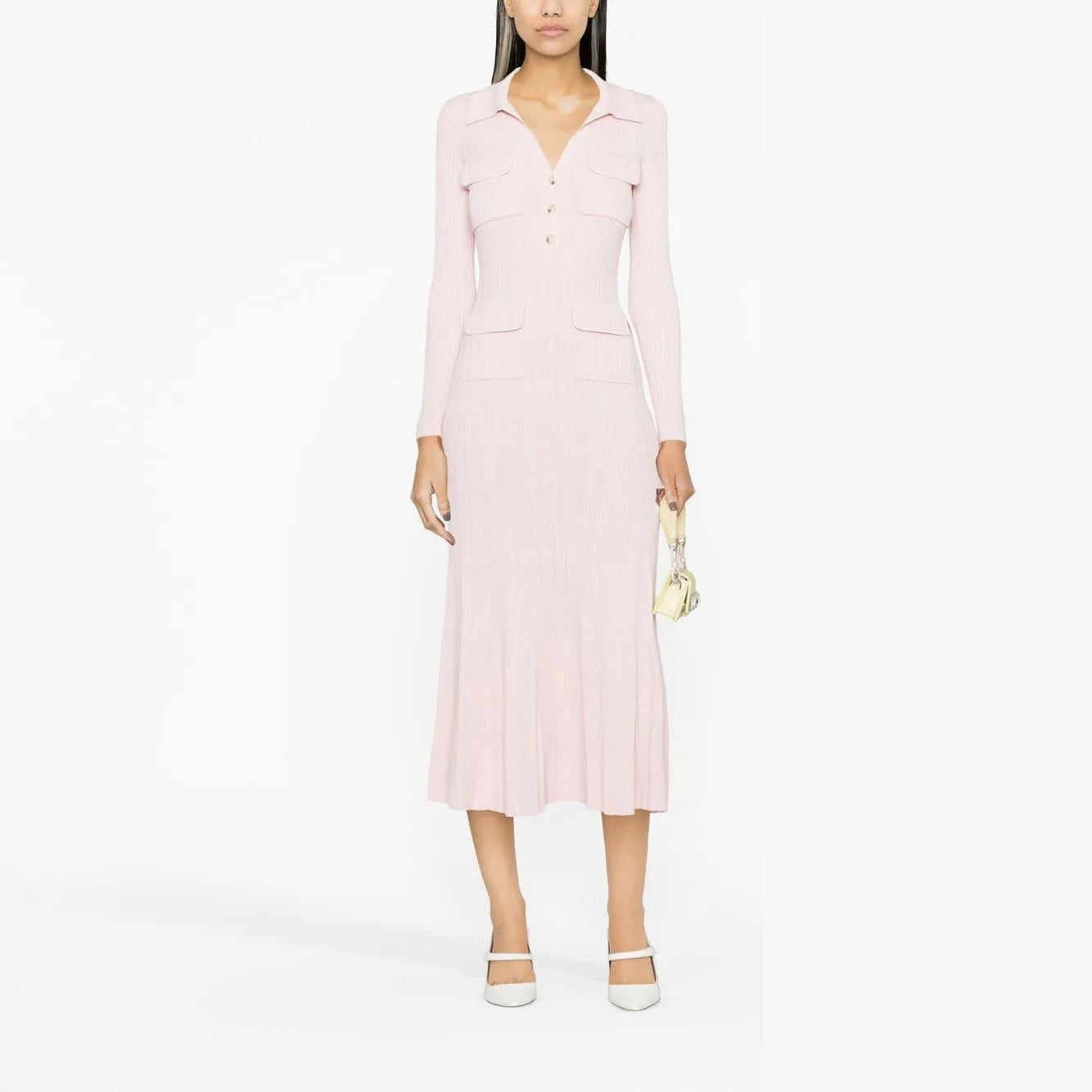Women's pink knitted medium-length dress senior sense of fashion temperament polo collar waist-skimming long dress new Women Dress For Work