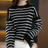 T-Shirts Thin Pullovers Striped Women's Clothing Loose Autumn Winter Popularity Simple Comfortable Round Neck Bottoming Women Casual - Women Tops