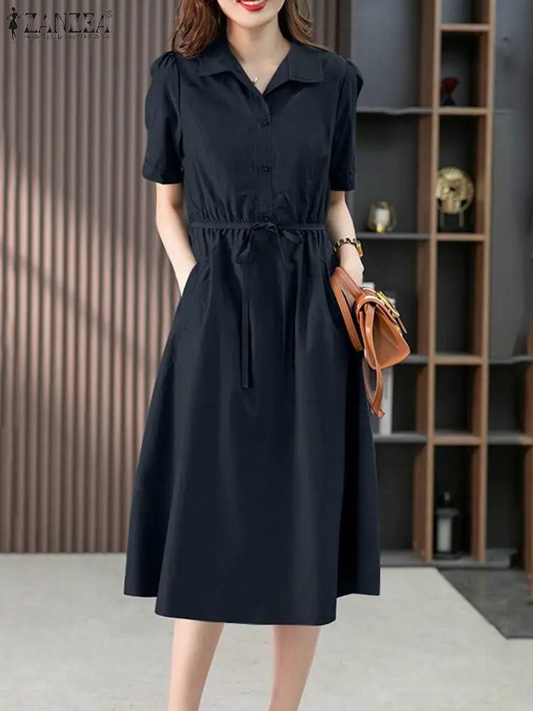 Summer Elegant Women Short Sleeve Work Vestido Loose Solid Turn Down Collar Shirt Dress Elastic Waist Sundress Women Dress For Work