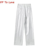 Y2K Autumn Metallic Silver High Waist Draggy Denim Hip Hop Street Spice Girl Style Vintage High Waisted Women Trousers