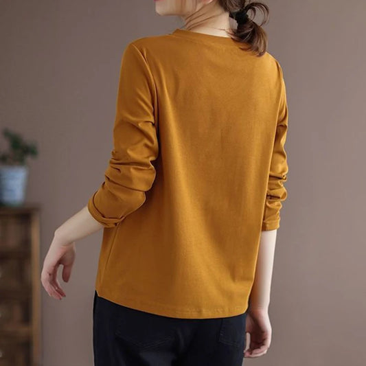 Autumn New Solid Loose Long Sleeve T-shirts Vintage Woman V Neck Aesthetic Chic Pullovers All Match Female Clothes Women Tops - Women Casual
