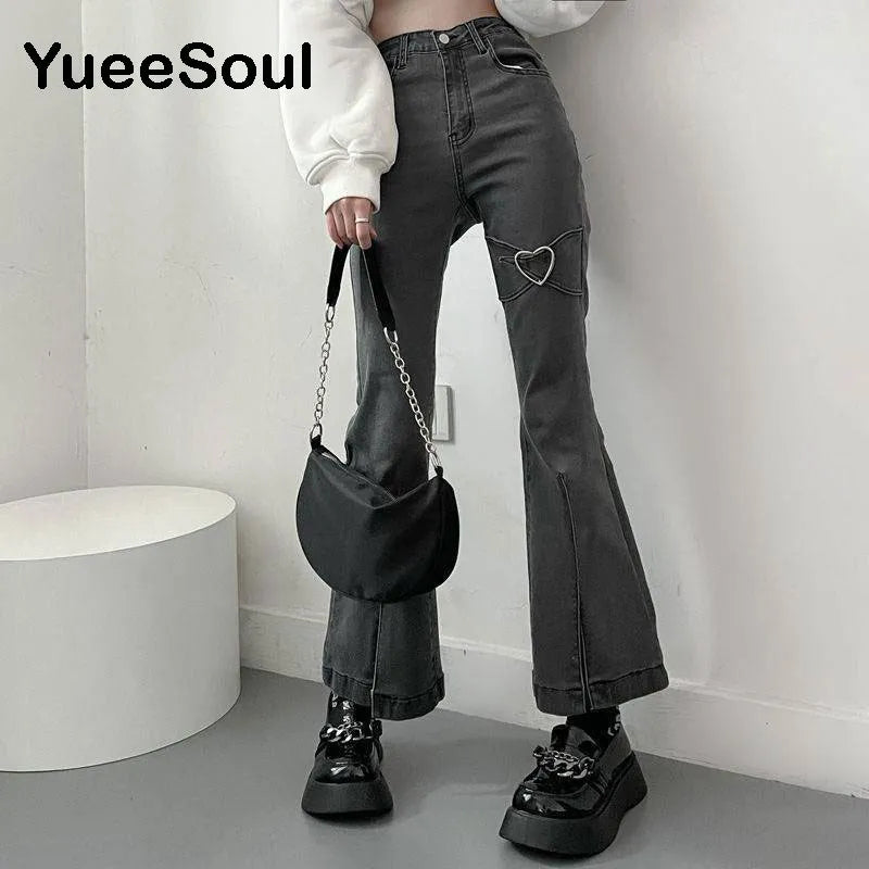 Love Metal Gray High Waist Flares Pants New Fashion Y2K Vintage Cute Sweet Casual E girl Female Clothes Women Jeans - Girls Jeans