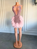 Luxury Sheer Neckline Woman Cocktail Dress Pink Feather Black Girl Short  Dresses For Birthday Party Women Prom